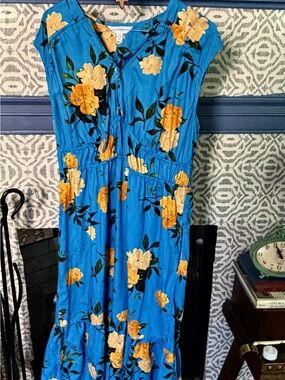 Time and Tru Blue Maxi Dress with Yellow Floral Print